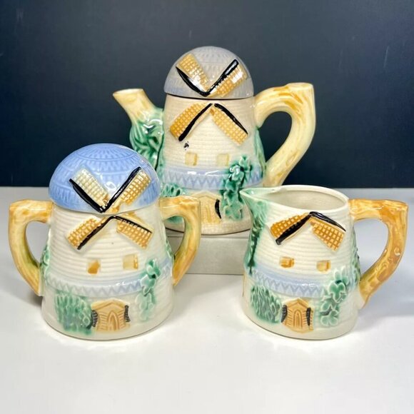 Vintage Ceramic Windmill Tea Set Made in Japan Hand Painted Teapot Sugar Creamer - Picture 14 of 14